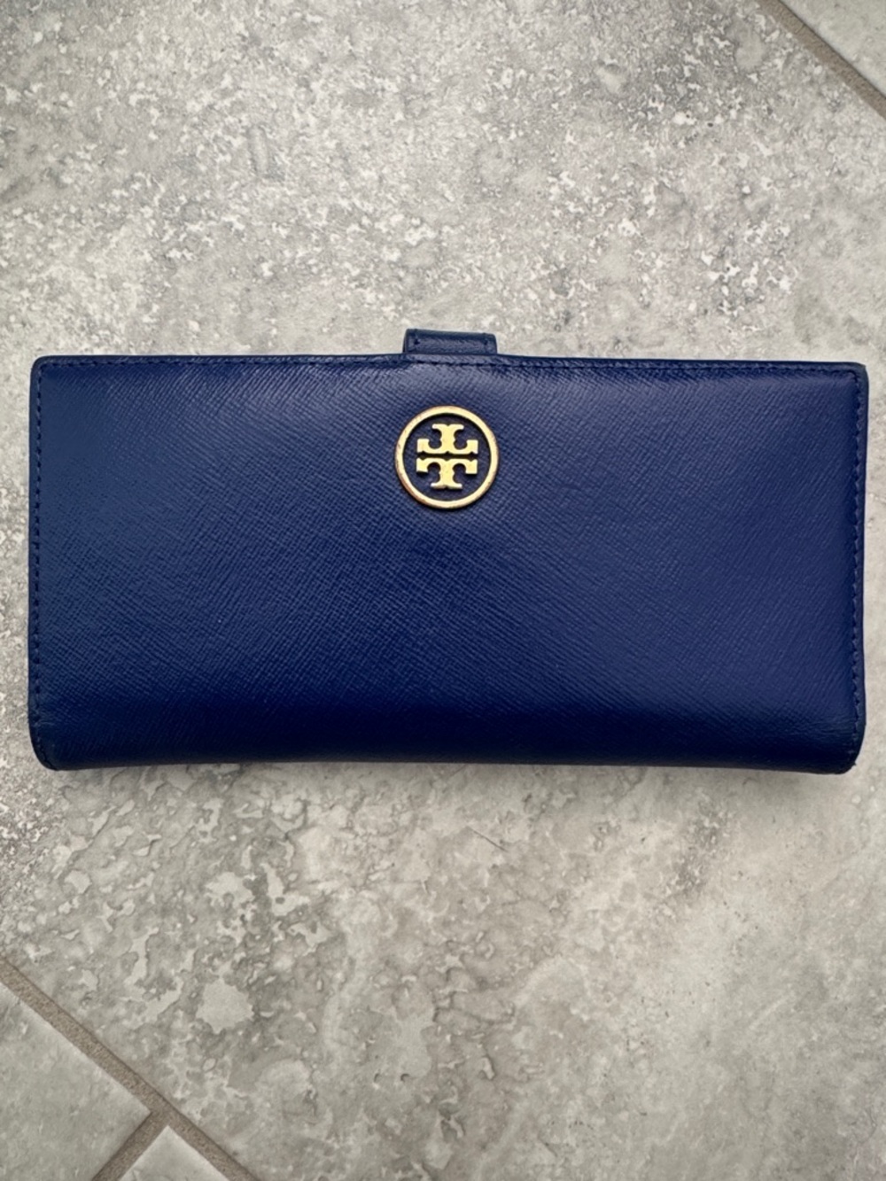 Tory Burch Navy Saffiano Leather Continental Clutch Wallet with Gold Logo